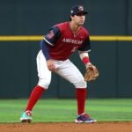 ARLINGTON, TEXAS - JULY 13: Marcelo Mayer #10 of the Boston Red Sox looks on during the fifth inning of the All-Star Futures Game at Globe Life Field on July 13, 2024 in Arlington, Texas.