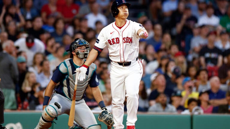 Red Sox outfielder Masataka Yoshida hits a two-run home run in the third inning.