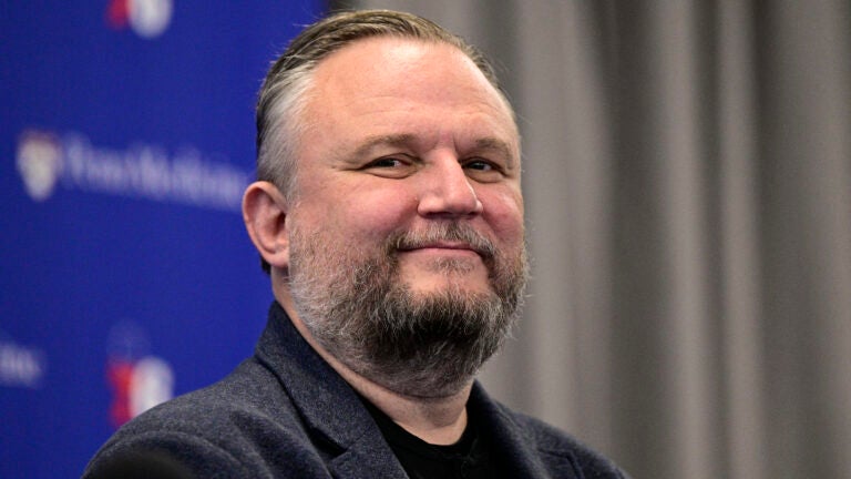 Philadelphia 76ers' Daryl Morey speaks with members of the media at the NBA basketball team's practice facility, Tuesday, July 23, 2024, in Camden, N.J.