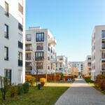 Modern apartment buildings in a green residential area in the ci