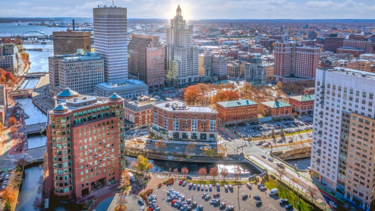 Aerial Providence Rhode Island during sunset