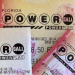 Powerball lottery tickets on display.