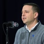 INDIANAPOLIS, INDIANA - FEBRUARY 27: Director of scouting Eliot Wolf of the New England Patriots speaks to the media during the NFL Combine at the Indiana Convention Center on February 27, 2024 in Indianapolis, Indiana.