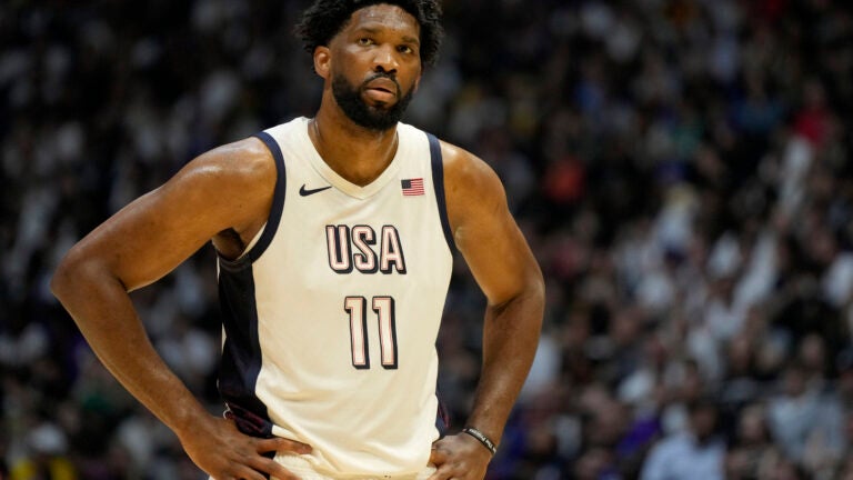 United States' center Joel Embiid reacts during an exhibition basketball game between the United States and Germany at the O2 Arena in London.