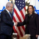 FILE - Vice President Kamala Harris, right, shakes hands with Israeli Prime Minister Benjamin Netanyahu in Washington, July 25, 2024. Just days after launching her White House campaign, Harris tiptoed along one of the most divisive fault lines in Democratic politics on Thursday as she met with Netanyahu.