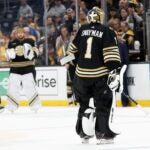 BOSTON, MASSACHUSETTS - MAY 17: Jeremy Swayman #1 of the Boston Bruins reacts after a 2-1 loss against the Florida Panthers in Game Six of the Second Round of the 2024 Stanley Cup Playoffs at TD Garden on May 17, 2024 in Boston, Massachusetts.