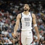 LAS VEGAS, NEVADA - JULY 10: Jayson Tatum #10 of the United States walks on the court during a break in the second half of an exhibition game against Canada ahead of the Paris Olympic Games at T-Mobile Arena on July 10, 2024 in Las Vegas, Nevada. The United States defeated Canada 86-72.