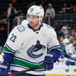 BOSTON, MASSACHUSETTS - FEBRUARY 08: Elias Lindholm #23 of the Vancouver Canucks warms up prior to a game against the Boston Bruins at the TD Garden on February 8, 2024 in Boston, Massachusetts.