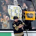 Boston Bruins' Brad Marchand warms up before Game 6 of an NHL hockey Stanley Cup second-round playoff series against the Florida Panthers, Friday, May 17, 2024, in Boston.