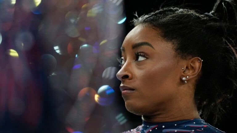 Simone Biles of the United States prepares to practice during a gymnastics training session at Bercy Arena at the 2024 Summer Olympics.