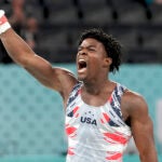 Fred Richard, of the United States, reacts after performing on the rings during the men's artistic gymnastics team finals round at Bercy Arena at the 2024 Summer Olympics.