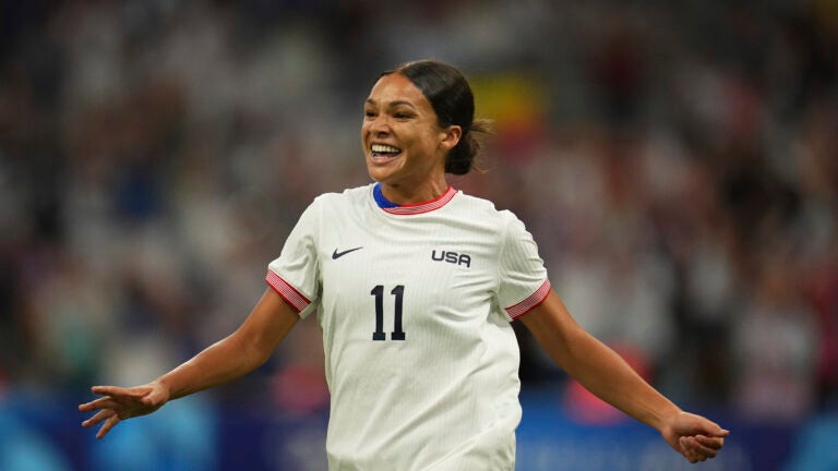 United States' Sophia Smith celebrates after scoring her side's first goal, during the women's Group B soccer match between the United States and Germany at the Velodrome stadium, during the 2024 Summer Olympics.