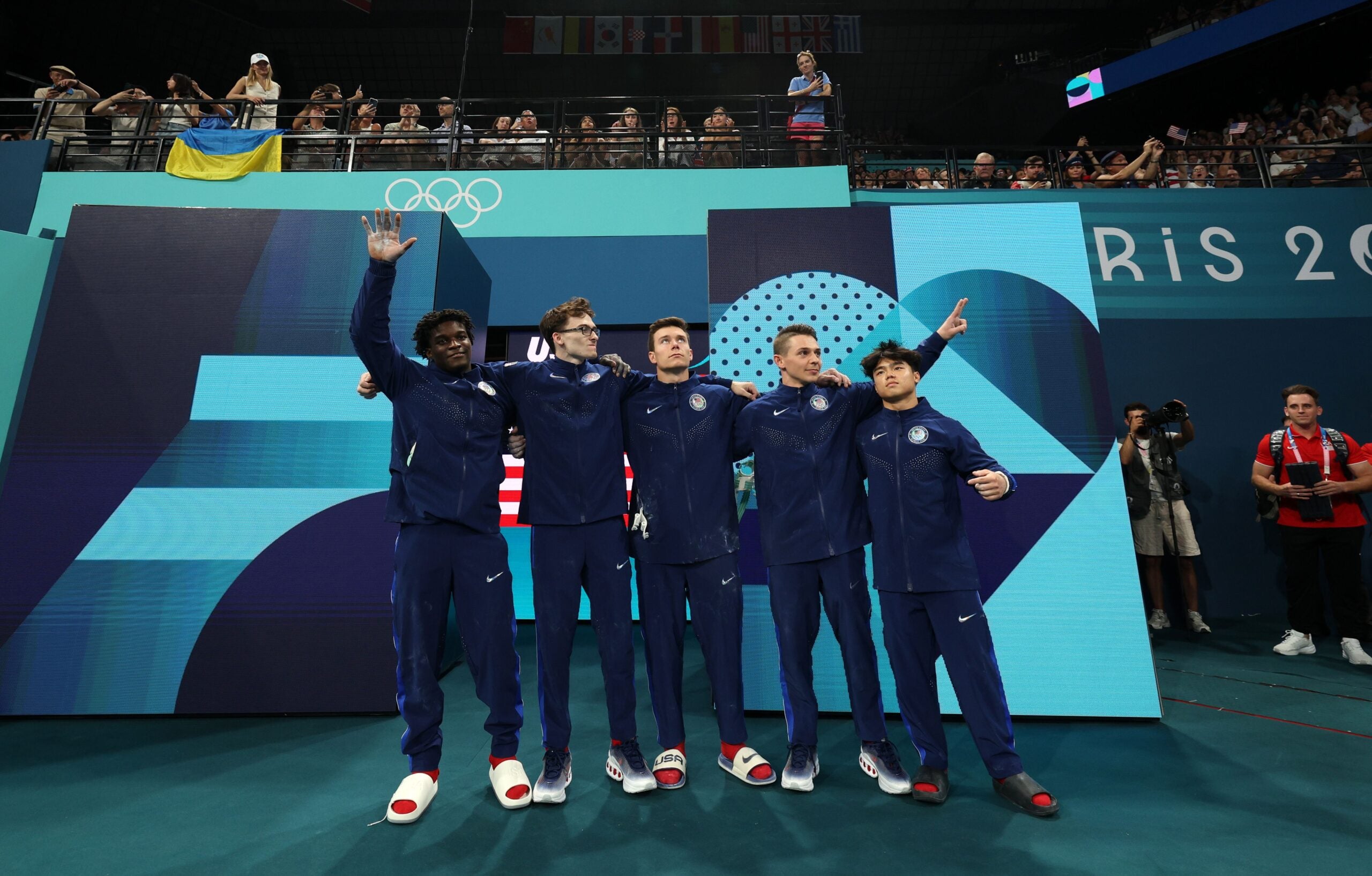 Athletes of Team United States enter the arena prior to the Artistic Gymnastics Men's Team Final on day three of the Olympic Games Paris 2024 at Bercy Arena on July 29, 2024 in Paris, France.