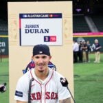 ARLINGTON, TEXAS - JULY 15: Jarren Duran #16 of the Boston Red Sox speaks to the media during Gatorade All-Star Workout Day at Globe Life Field on July 15, 2024 in Arlington, Texas.