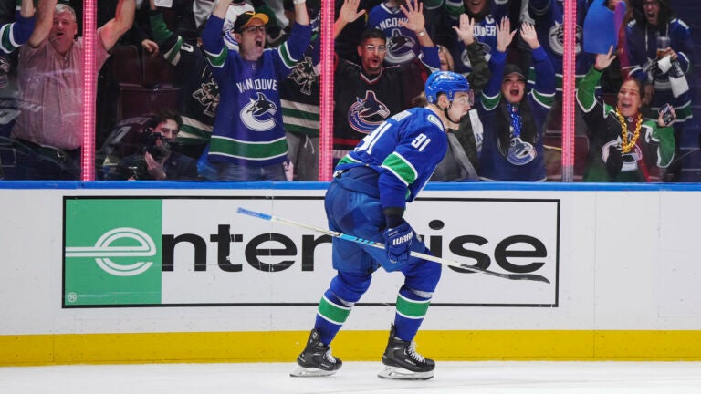 Vancouver Canucks' Nikita Zadorov celebrates his goal against the Nashville Predators during the third period in Game 5 of an NHL hockey Stanley Cup first-round playoff series, in Vancouver, British Columbia, on Tuesday, April 30, 2024.