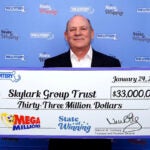 David M. Lipshutz, representing the Skylark Group Trust of Wellesley, stands with a Mega Millions check for $17 million