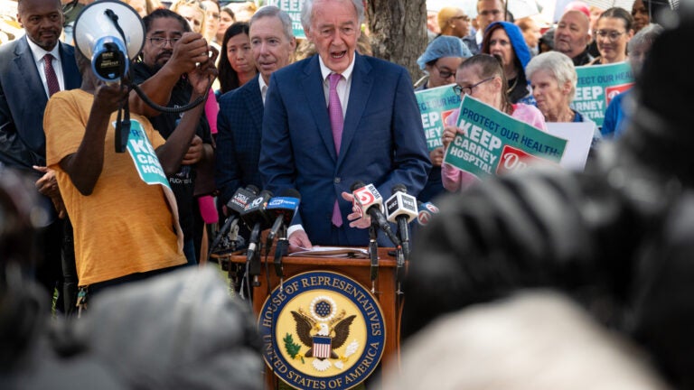 US Senator Ed Markey, D-MA, speaks at a press conference on Steward Health Care’s closings announcement at Carney Hospital in Dorchester on Monday morning.