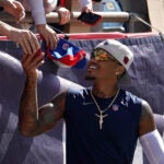 New England Patriots wide receiver Kendrick Bourne (84) signs for the fans pregame. The New England Patriots host the New Orleans Saints on October 8, 2023 at Gillette Stadium in Foxboro, MA.