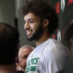 New Boston Celtics 2024 draft pick Anton Watson speaks to the media at the Boston Celtics Auerbach Center.