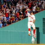 Boston Red Sox Jarren Duran celebrates his walk off game winning double against the Toronto Blue Jays during ninth inning MLB action at Fenway Park.