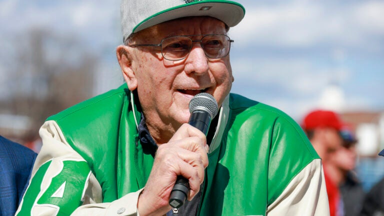 Boston Celtics legend Bob Cousy on the public address anouncing, “Play Ball,” during opening day ceremonies for the WooSox at Polar Park.