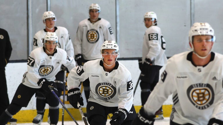 The Boston Bruins held their development camp at Warrior Ice Arena. Oskar Jellvik(center) works on skating skills.