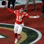 Kansas City Chiefs quarterback Patrick Mahomes (15) celebrates after defeating the San Francisco 49ers in the NFL Super Bowl 58 football game Sunday, Feb. 11, 2024, in Las Vegas. The Chiefs won 25-22 against the 49ers.