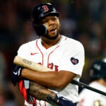 Dominic Smith (2) strikes out in the seventh inning of a baseball game.