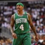 Boston Celtics guard Isaiah Thomas (4) reacts during the first half in Game 4 of a second-round NBA basketball playoff series against the Washington Wizards, Sunday, May 7, 2017, in Washington.