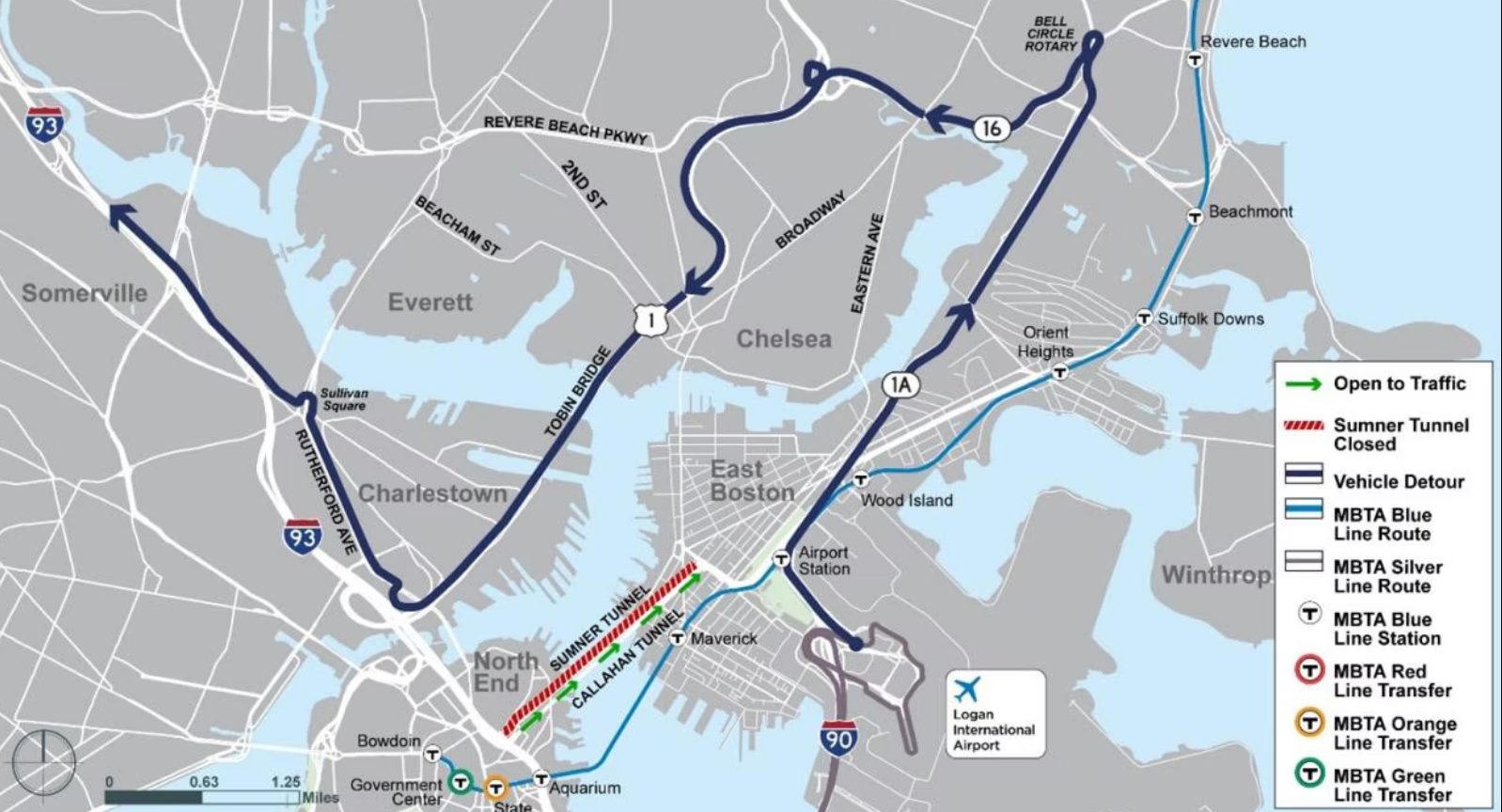 Detour map for drivers leaving Logan Airport seeking to reach I-93 north.